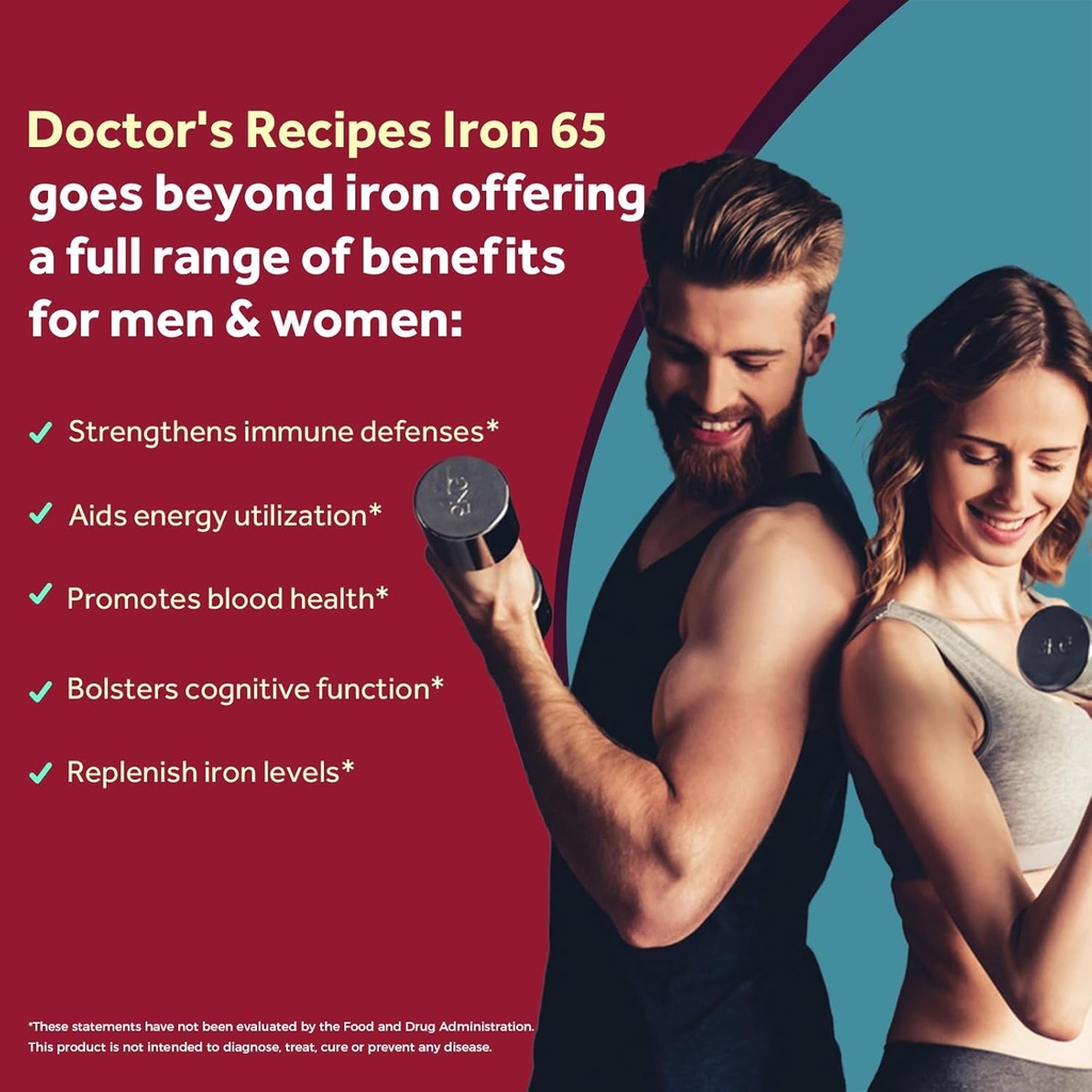 Doctor's Recipes Iron Supplement 65 mg with Vitamin C - Maximized Absorption & Stomach Friendly Iron Pills for Red Blood Cells Formation, Heart, Brain & Immunity Health - Vegan Non-GMO 120 Iron Tabs 4