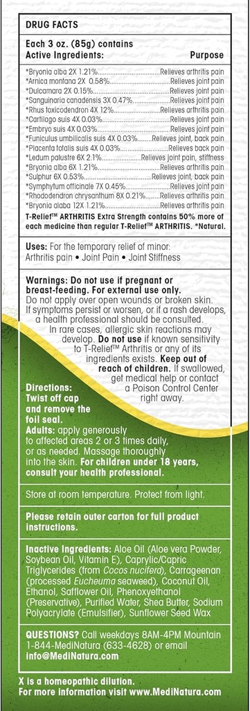 T-Relief Extra Strength Arthritis Cream Arnica +12 Pain Relieving Natural Medicines Help Soothe Soreness Stiffness Aches & Pains in Joints Naturally - 3 oz 3