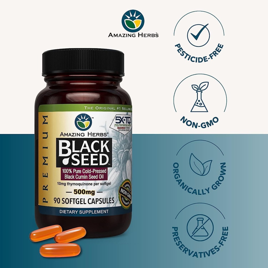 Amazing Herbs Premium Black Seed Oil Capsules - Gluten Free, Non GMO, Cold Pressed Nigella Sativa Aids in Digestive Health, Immune Support, Brain Function - 90 Count, 500mg (Pack of 2) 4