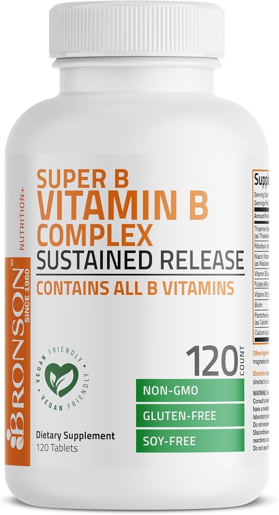 Bronson Super B Vitamin B Complex Sustained Slow Release (Vitamin B1, B2, B3, B6, B9 - Folic Acid, B12) Contains All B Vitamins 120 Tablets 4