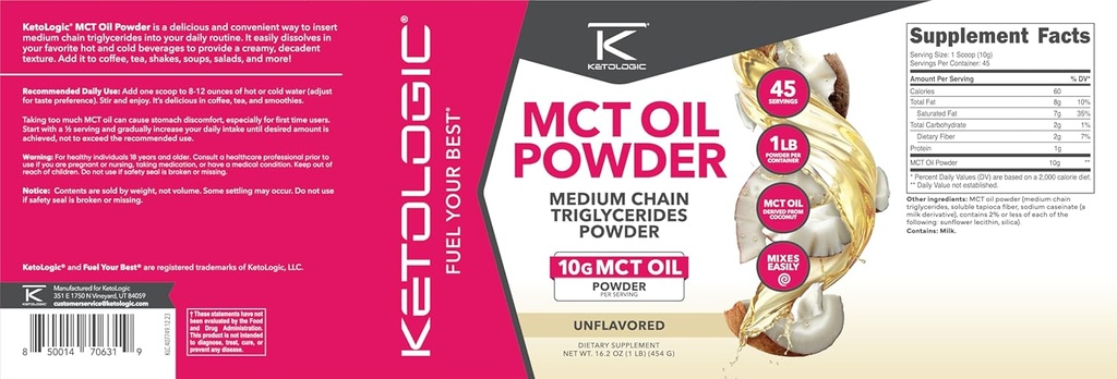 Ketologic MCT Oil Powder Unflavored (1 LB) – Keto Coffee Creamer & Energy Support – 41 Servings of Medium Chain Triglycerides for Focus & Fuel 6