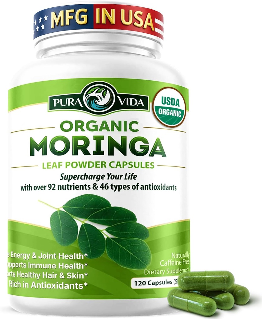 PURA VIDA MORINGA Capsules Single Origin Moringa Powder Organic. Pure Moringa Leaf. Energy, Metabolism, & Immune Support. 120ct. 500mg Caps. 2