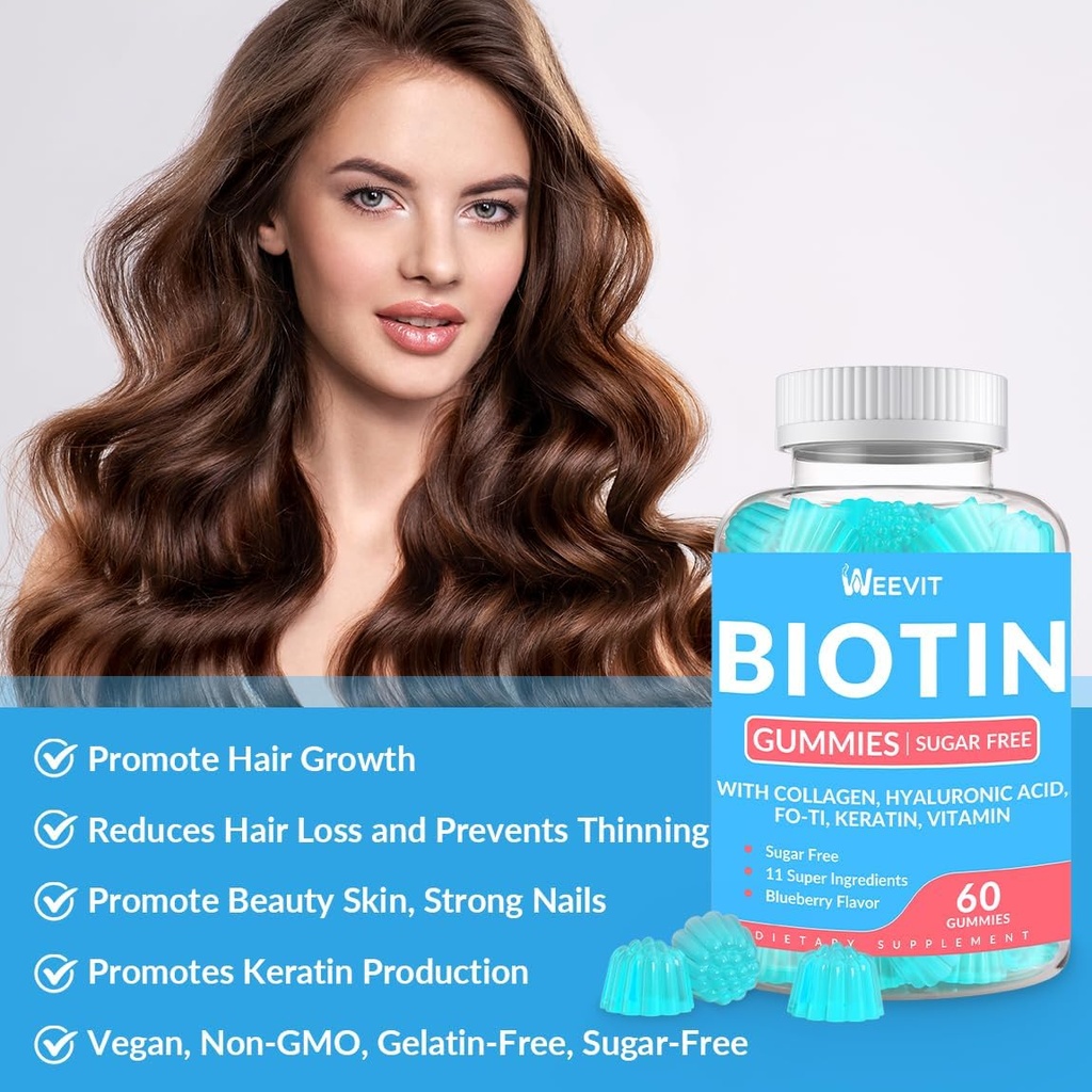 Sugar-Free Biotin Gummies, Biotin and Collagen Gummies with Keratin, Hyaluronic Acid for Women & Men | Hair Growth, Glowing Skin & Strong Nails | Vitamin B7 Supplement, Non-GMO, Chewable 3