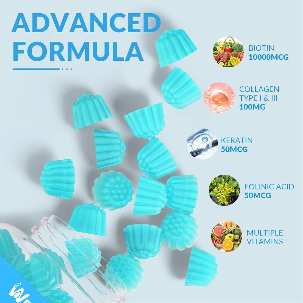 Sugar-Free Biotin Gummies, Biotin and Collagen Gummies with Keratin, Hyaluronic Acid for Women & Men | Hair Growth, Glowing Skin & Strong Nails | Vitamin B7 Supplement, Non-GMO, Chewable 5