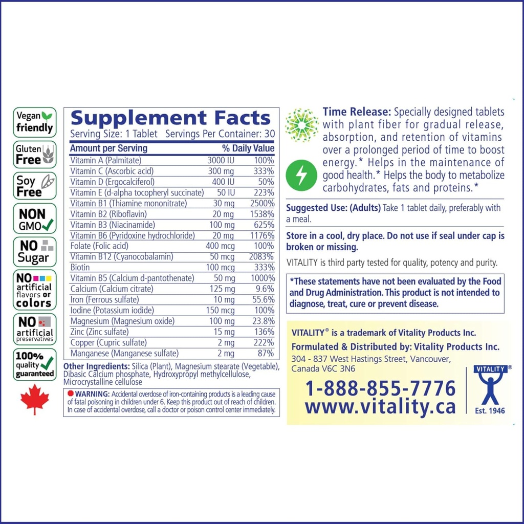 VITALITY Time Release Super Multi+ | Multivitamin | Supports Healthy Hair, Skin and Nails | 60 Tablets 4