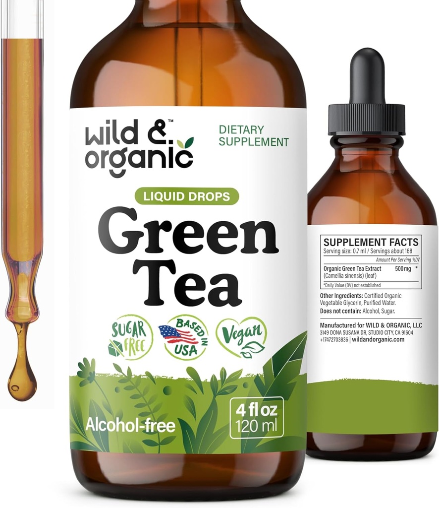 Wild & Organic Green Tea Extract Liquid Drops - Antioxidant-Rich Green Tea Supplement - 2-Month Supply - Vegan, Sugar & Alcohol-Free Camellia Sinensis Tincture - 4 fl oz 2