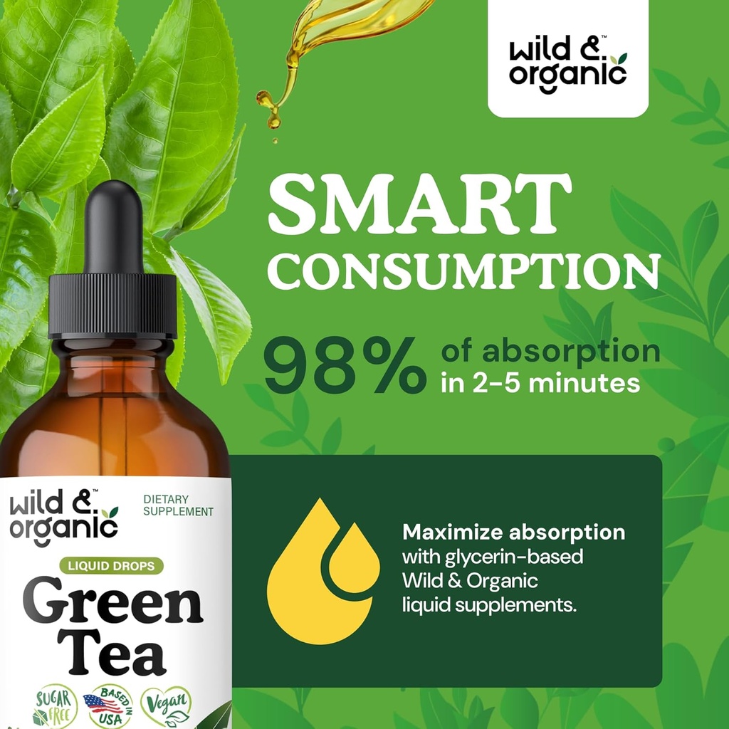 Wild & Organic Green Tea Extract Liquid Drops - Antioxidant-Rich Green Tea Supplement - 2-Month Supply - Vegan, Sugar & Alcohol-Free Camellia Sinensis Tincture - 4 fl oz 5