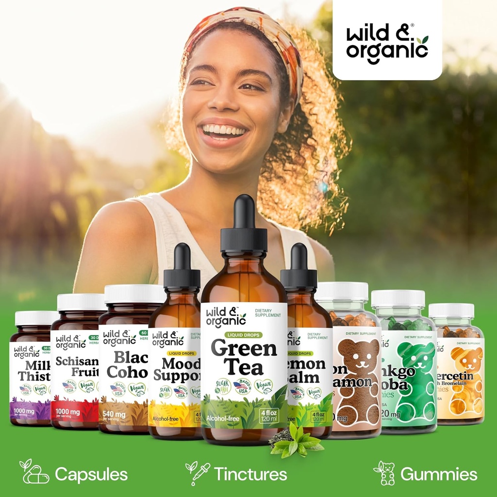Wild & Organic Green Tea Extract Liquid Drops - Antioxidant-Rich Green Tea Supplement - 2-Month Supply - Vegan, Sugar & Alcohol-Free Camellia Sinensis Tincture - 4 fl oz 6