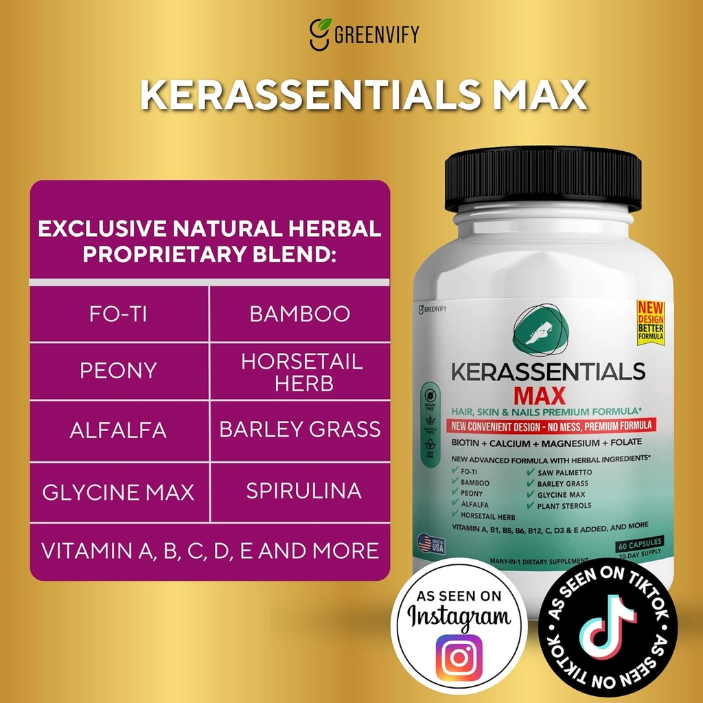 Kerassentials Max - Hair, Skin & Nails Support Supplement | Biotin, Calcium, Magnesium, Folate & Herbal Blend | Premium Formula | 60 Capsules, Vegan & Gluten-Free 4