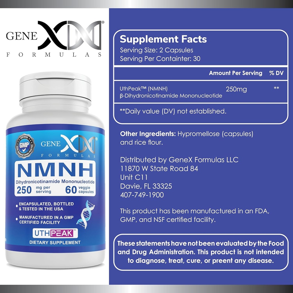 Genex Formulas 250mg NMNH (60 Capsules - 30 Servings) | Uthpeak™ NMNH (Dihydronicotinamide Mononucleotide) NAD+ Precursor for Healthy Aging - Non-GMO, Gluten-Free, Vegetarian 3