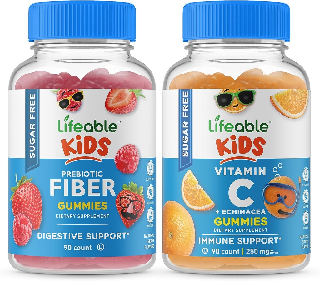 Lifeable Sugar Free Preciotic Fiber Kids + Vitamin C Kids, Gummies Bundle - Great Tasting, Vitamin Supplement, Gluten Free, GMO Free, Chewable Gummy 2