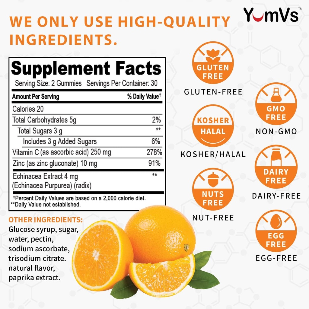 Zinc Vitamin C and Echinacea Gummies for Adults and Kids by YumVs | Chewable Gummy - Vegetarian, Halal, Kosher | Orange Flavor - 60 Count 3