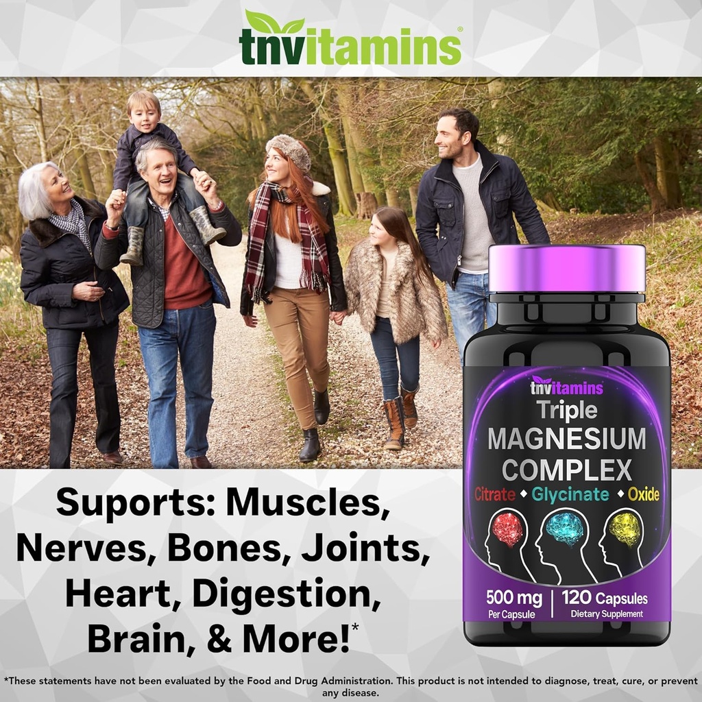 Triple Magnesium Complex Supplement 500mg: Magnesium Glycinate, Citrate, & Oxide - 120 Capsules (4 Month Supply!) | 1 Capsule Serving Provides 125% Daily Value | Non-GMO, Made in The USA! 6