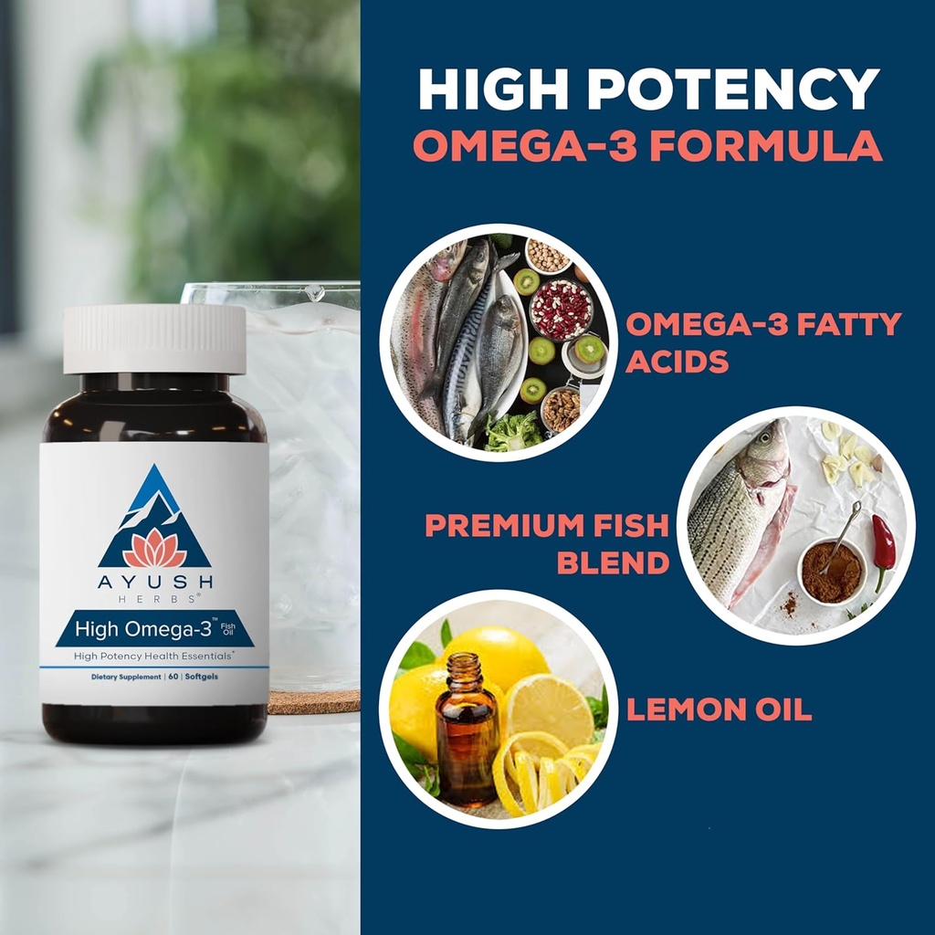 Ayush Herbs High Omega 3 - Omega 3 Fish Oil, 1000mg Per Capsule, EPA & DHA Fish Oil Supplement for Women & Men, Natural Lemon Flavor - 60 Softgel Capsules (1 Count) 5