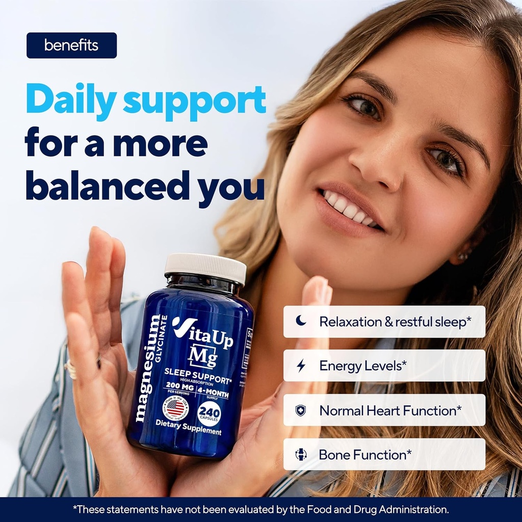 Magnesium Glycinate 200mg - USA Made Magnesium Supplement for Sleep, Heart, Bones, Metabolism Support - High Absorption Magnesium Bisglycinate Capsules - 240 Vegan Chelated Capsules 6