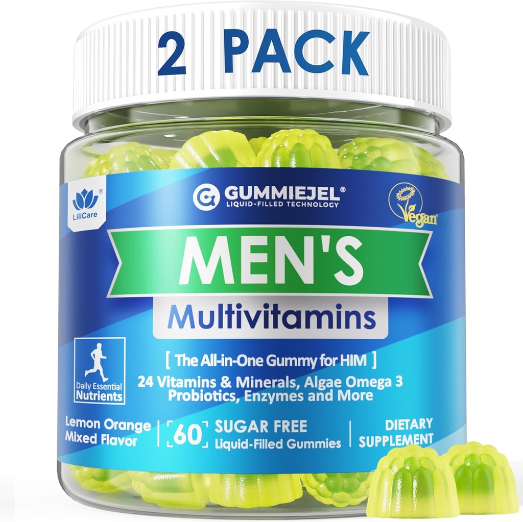 2 Pack - Mens Multivitamins Gummies, Multiminerals, Vegan Omega 3, CoQ10, Probiotics, Daily Mens Vitamins A C D E B6 B12, Methylated Multivitamin for Men, Energy, Immunity, Sugar Free, Vegan (No Iron) 2