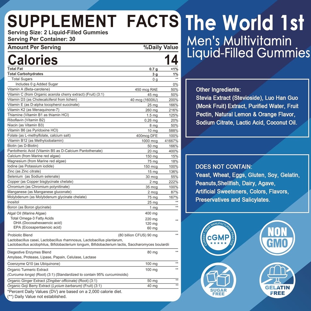 2 Pack - Mens Multivitamins Gummies, Multiminerals, Vegan Omega 3, CoQ10, Probiotics, Daily Mens Vitamins A C D E B6 B12, Methylated Multivitamin for Men, Energy, Immunity, Sugar Free, Vegan (No Iron) 3