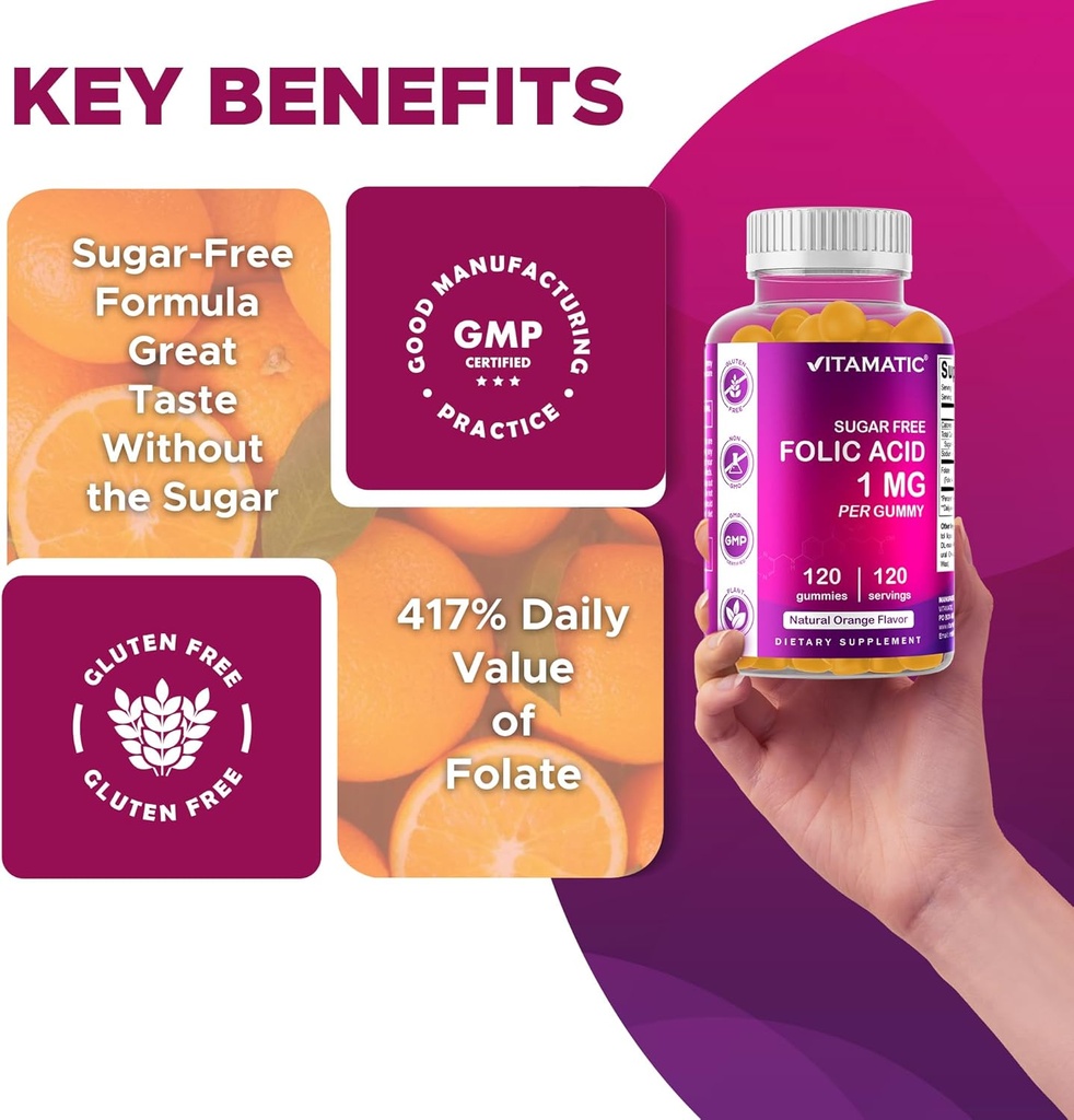 Vitamatic Folic Acid Gummies 1000 mcg (1 mg) – Essential Prenatal Vitamin B9 for Mom & Baby – 120 Vegan Gummies per Bottle – 2 Pack 6
