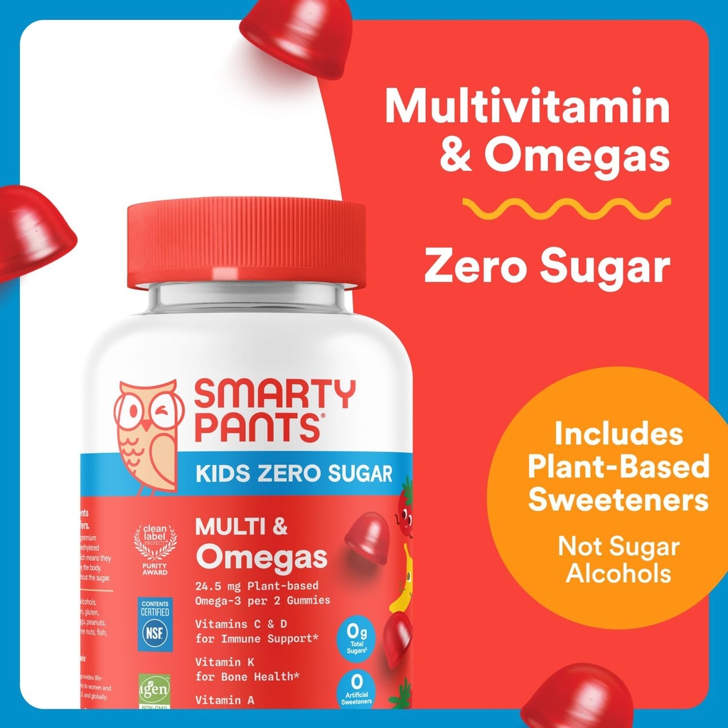 SmartyPants Kids Multivitamin Gummies, Sugar Free: Omega 3 (ALA), Vitamin D3, C, Vitamin B12, B6, A, K & Zinc for Immune Support, Biotin, Erythritol Free, Strawberry Banana, 44 Count (22 Day Supply) 3