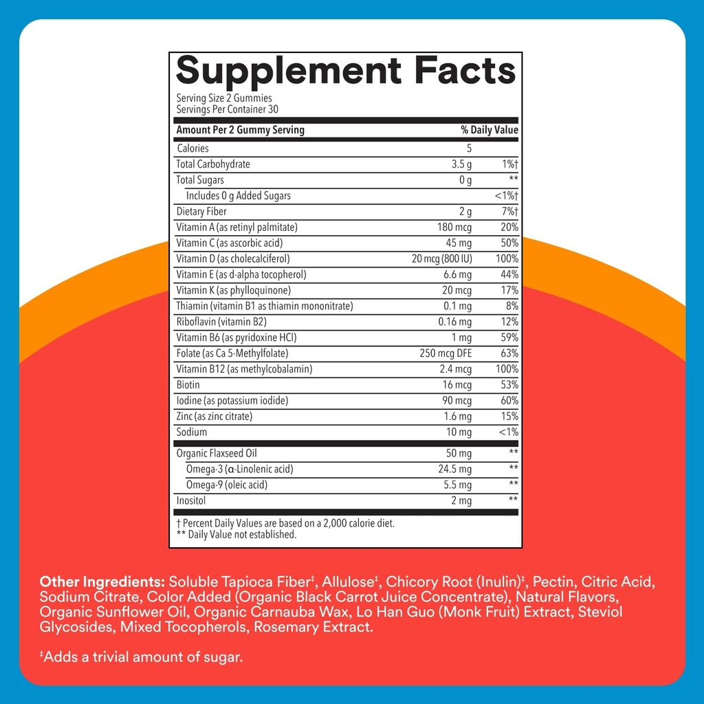 SmartyPants Kids Multivitamin Gummies, Sugar Free: Omega 3 (ALA), Vitamin D3, C, Vitamin B12, B6, A, K & Zinc for Immune Support, Biotin, Erythritol Free, Strawberry Banana, 44 Count (22 Day Supply) 5