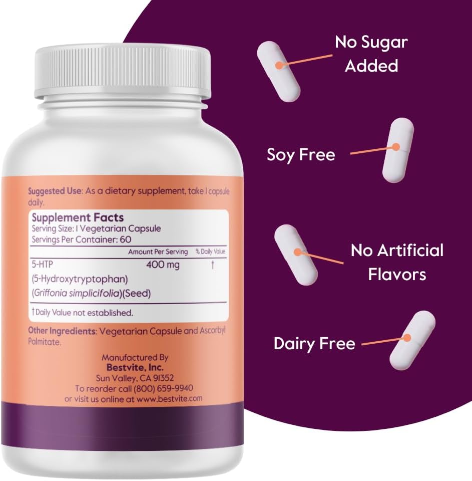 BESTVITE 5-HTP 400mg per Capsule (60 Vegetarian Capsules) - No Stearates - Vegan - Non GMO - Gluten Free - Extra Strength 5HTP 4