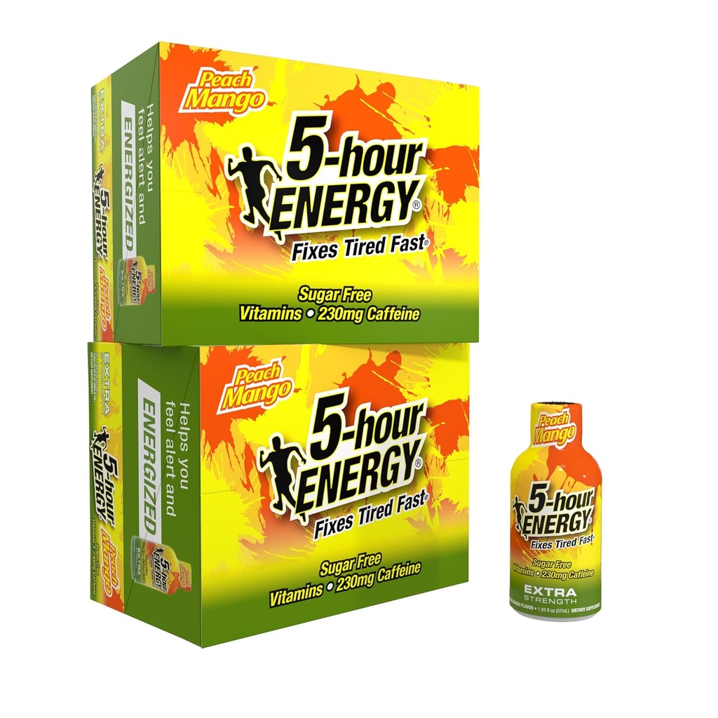5-hour ENERGY Extra Strength Energy Shot, Peach Mango Flavor (1.93 oz. - 24 Count) Zero Calories & Sugar-Free 230 mg Caffeinated Shot, Amino Acids & B Vitamins, Dietary Supplements 2