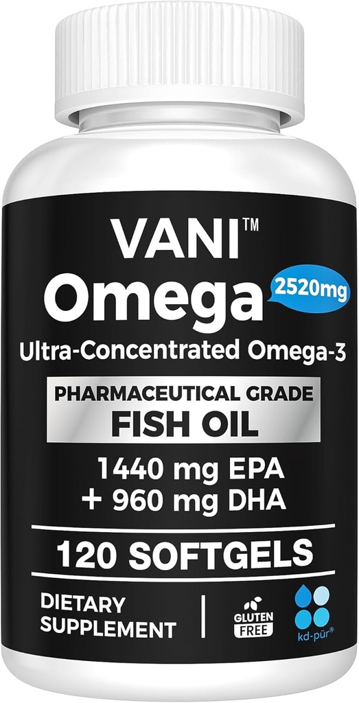 Pharmaceutical Grade Omega 3 Fish Oil, KD-PÜR Premium Germany Fish Oil Supplements 2520mg with EPA & DHA- Supports Brain, Heart & Immunity (120 Softgels) 2
