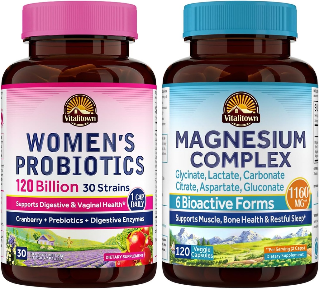 Vitalitown Probiotic + Magnesium Bundle (Pack of 2) | Women's Probiotics (Item 1) & Magnesium Complex (Item 2) | 30 Probiotic Capsules & 120 Magnesium Capsules 2