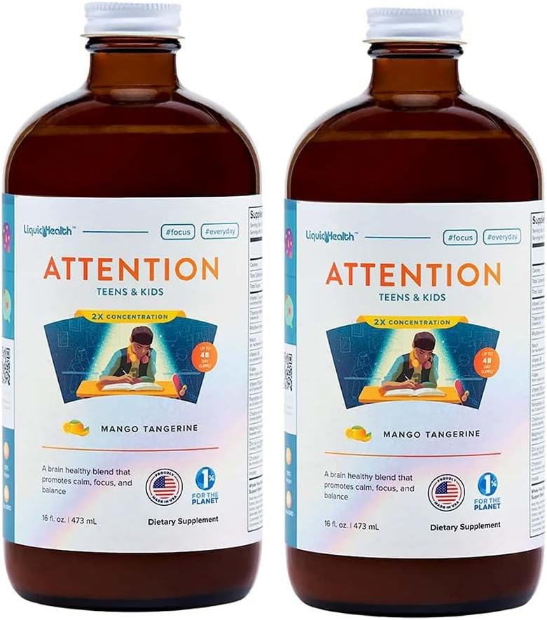 LIQUIDHEALTH Attention, Liquid Multivitamin for Kids & Teens - Improves Memory Retention, Concentration, Focus, Mood, Relaxation & Calming - Made in The USA, Great Taste, Vegan, Sugar-Free (2 Pack) 2