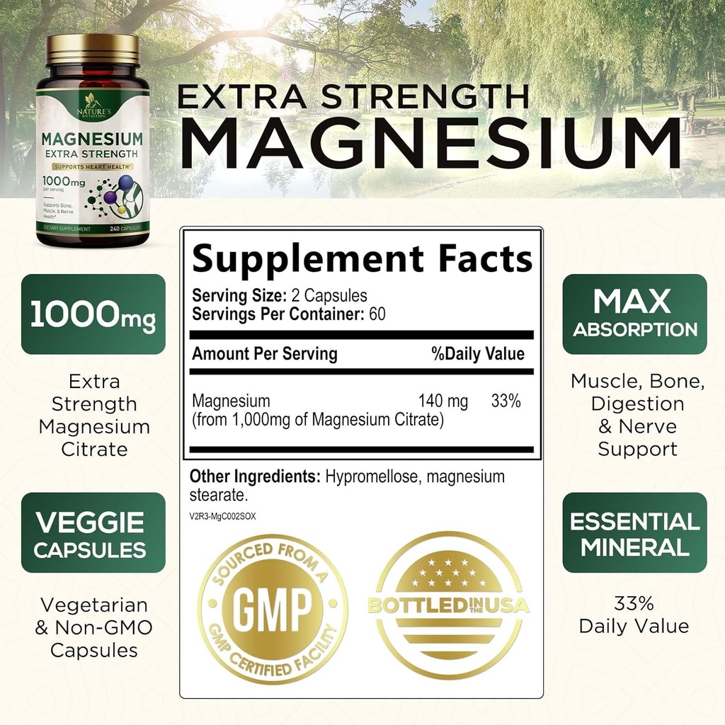 Magnesium Mineral Supplement 1000 mg - High Potency Magnesium Citrate for Bone, Heart Health, Nerves & Muscle Support, Nature's Magnesium Complex for Whole Body Support, Bottled in USA - 120 Capsules 3
