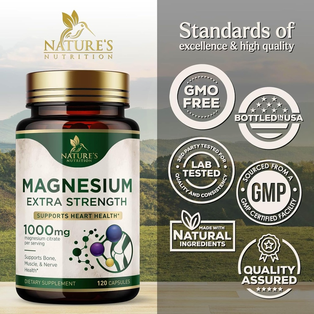 Magnesium Mineral Supplement 1000 mg - High Potency Magnesium Citrate for Bone, Heart Health, Nerves & Muscle Support, Nature's Magnesium Complex for Whole Body Support, Bottled in USA - 120 Capsules 5