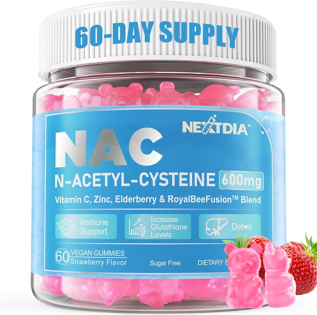 NAC Gummies for Kids & Adults, Chewable N-Acetyl Cysteine Supplement 600mg 1000mg w/Vitamin C, Zinc, Elderberry for Antioxidants & Immune Support, Lung & Liver Health, Sugar Free, 120 Ct 2