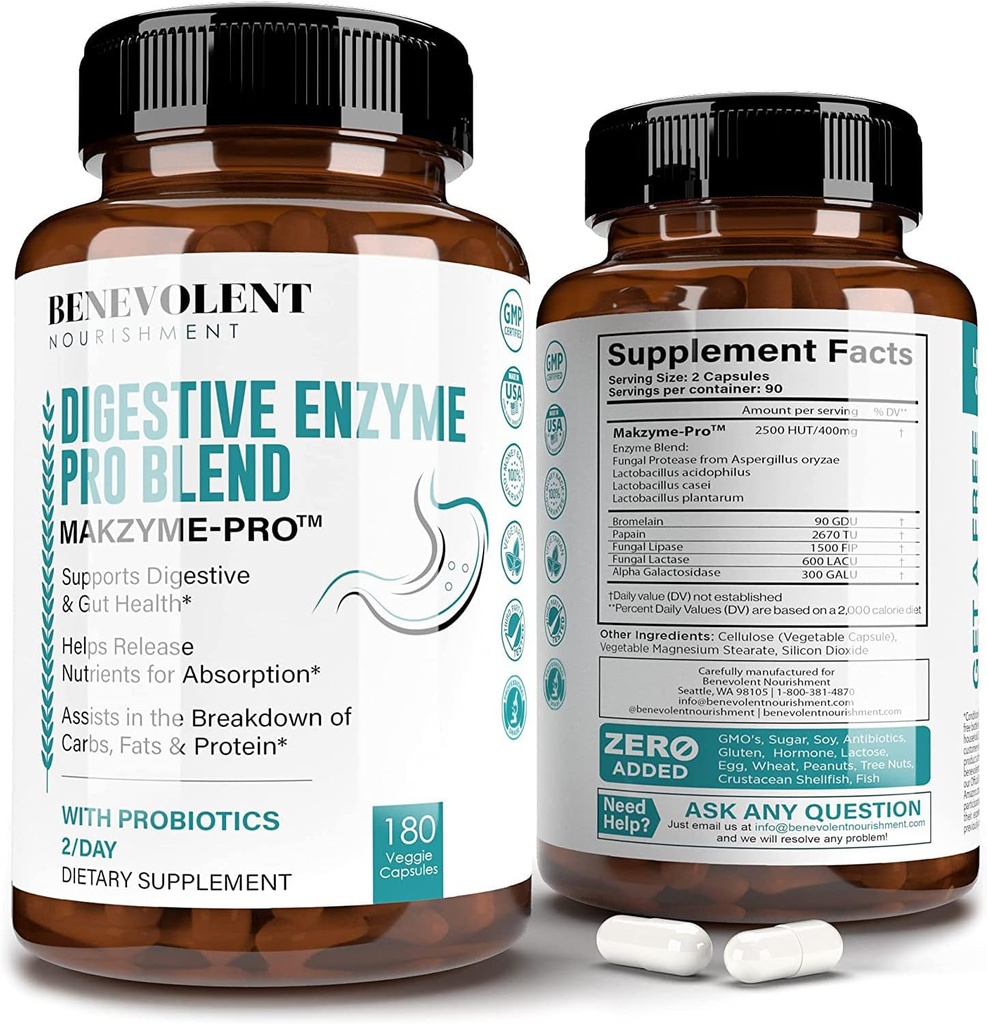High Fiber Digestive Enzymes Supplement - 180 Capsules, Proprietary 2500HUT Makzyme-Pro Blend Probiotics Plus Papaya, Bromelain, Multi Natural Extracts for Healthy Digestion & Bloating Reduction 2