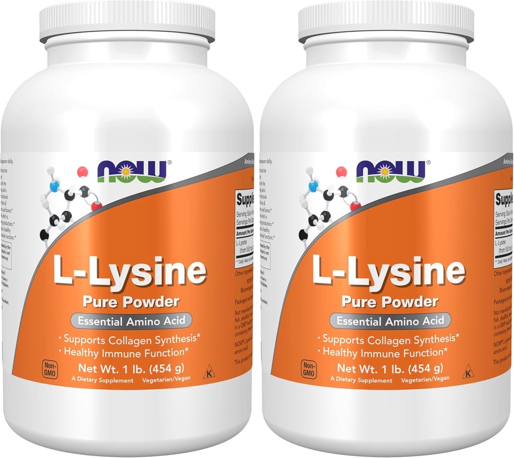 NOW Supplements, L-Lysine (L-Lysine Hydrochloride) Powder, Supports Collagen Synthesis*, Amino Acid, 1-Pound (Pack of 2) 2