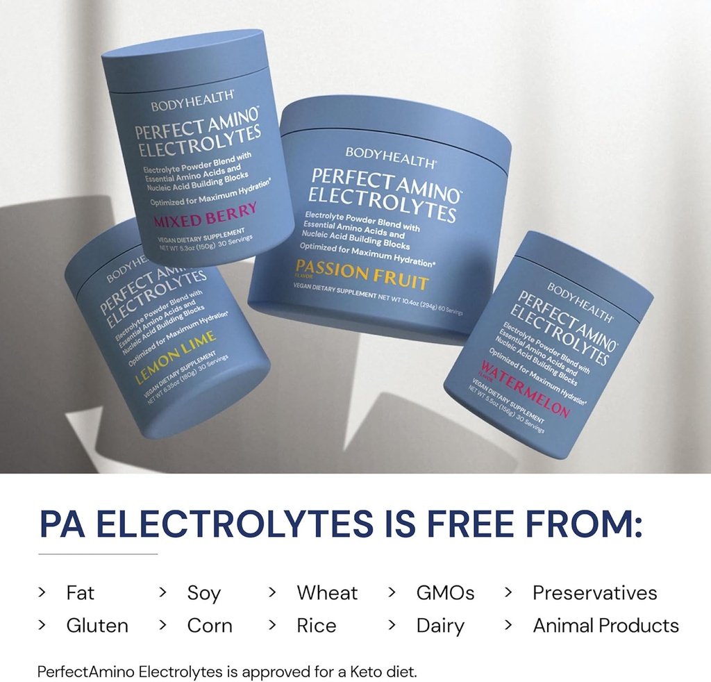 BodyHealth PerfectAmino Electrolytes Powder No Sugar, Hydration Fasting Keto Zero Sugar Electrolytes Drink Mix with Trace Minerals - Passion Fruit - 60 Servings 6