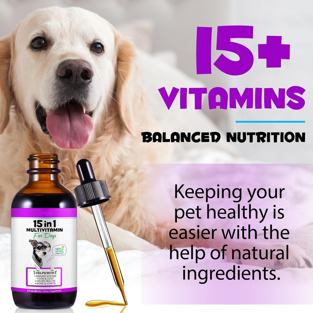 Dog Multivitamin,15 in 1 Dog Multivitamin Liquid Drops Supplements, Dog Vitamins for Heart Health, Bones, Joint, Skin & Coat, Bladder, Immune System Support 60ml 6