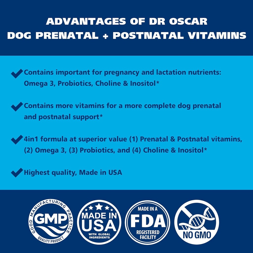 Dog Prenatal Vitamins. The Only 2in1 Prenatal & Postnatal Vitamins for Dogs with Folic Acid, Omega 3, Probiotics, Choline & Inositol, Key for Mother & Puppies, 90 Tablets 6