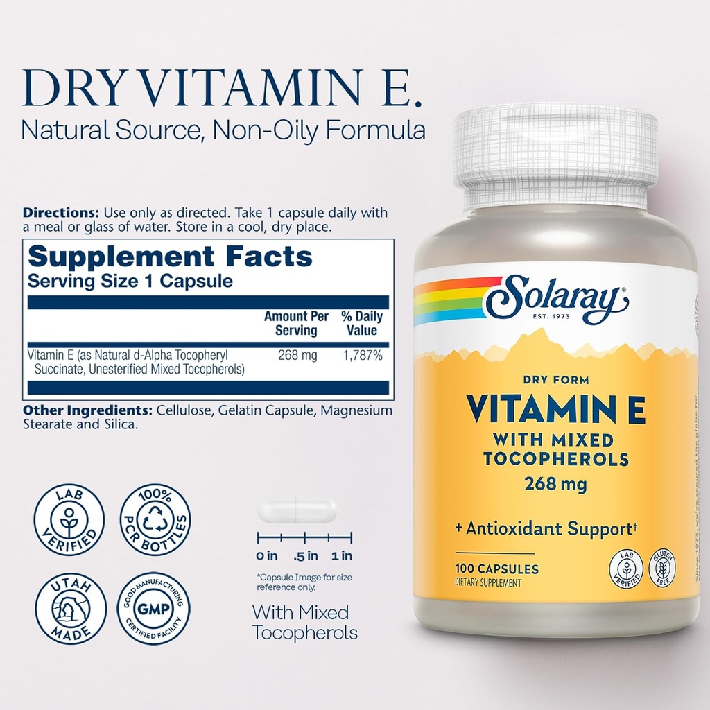 SOLARAY Vitamin E 400 IU (268mg), Dry Form - Natural Source, Mixed Tocopherols Vitamin E - Antioxidant Supplement, PMS and Menopause Support - 60-Day Guarantee, Lab Verified - 100 Serv, 100 Capsules 3