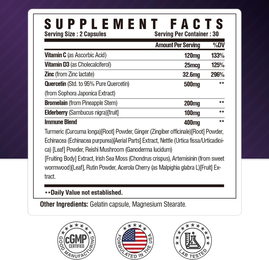 Quercetin with Bromelain, Quercetin 500mg Capsules, Vitamin C & D3, Zinc and Elderberry - Advanced Lung Immune and Respiratory Support Supplement - 60 Capsules 3