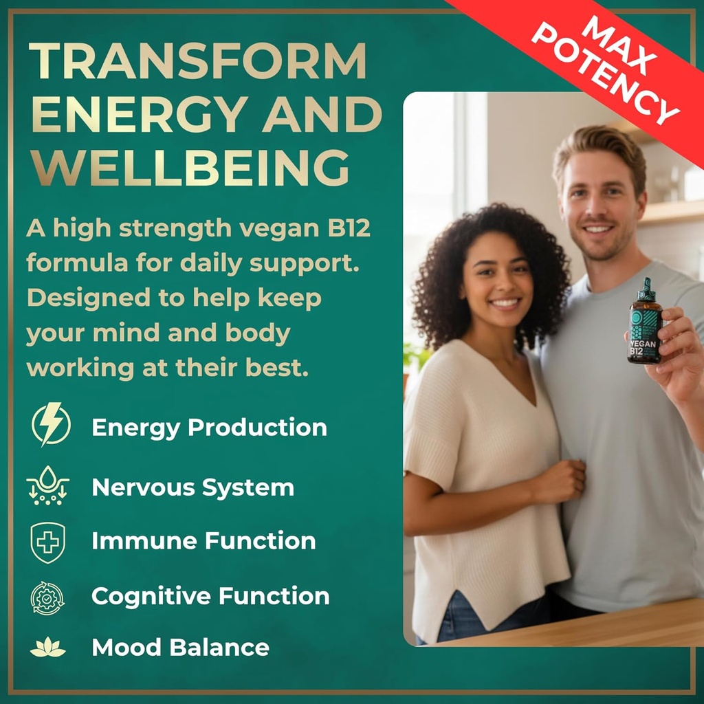 Vegan Vitamin B12 Liquid Drops - Fast-Acting B12 Sublingual 5000 mcg Methylcobalamin Supplement - Energy, Memory and Mood Support - High-Potency One-Dropper Per Day - Natural Citrus Flavor - 2oz 3