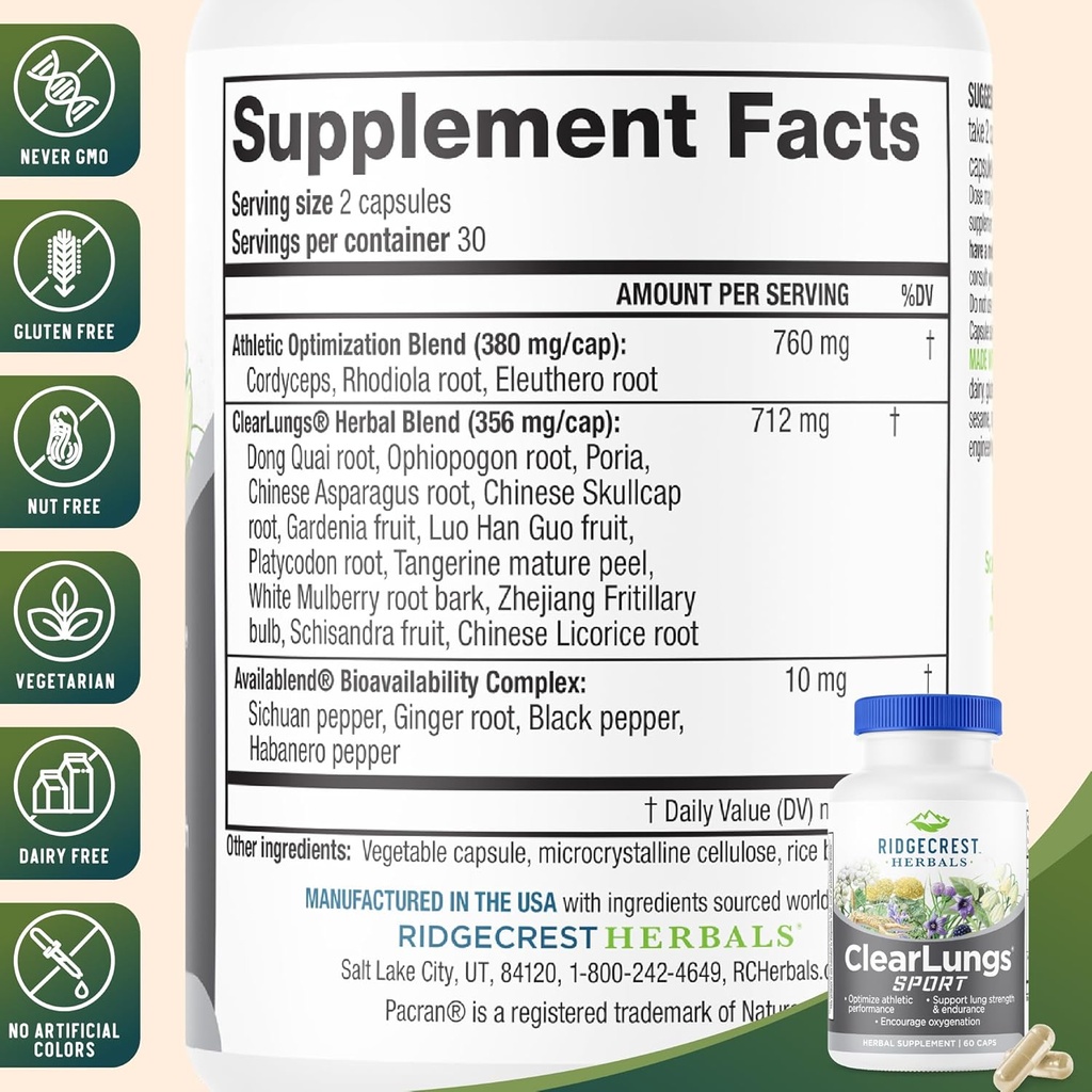 Ridgecrest Herbals ClearLungs Sport, Oxygen Intake and Lung Support Formula with Cordyceps, Rhodiola, Eleuthero (60 Vegan Caps, 30 Serv) 4