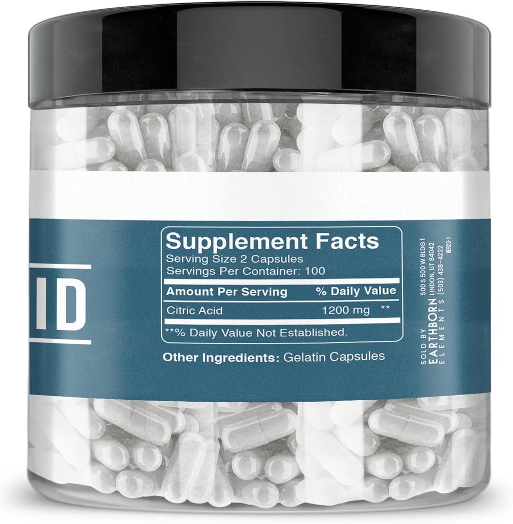 Earthborn Elements Citric Acid 200 Capsules, Pure & Undiluted, No Additives 5