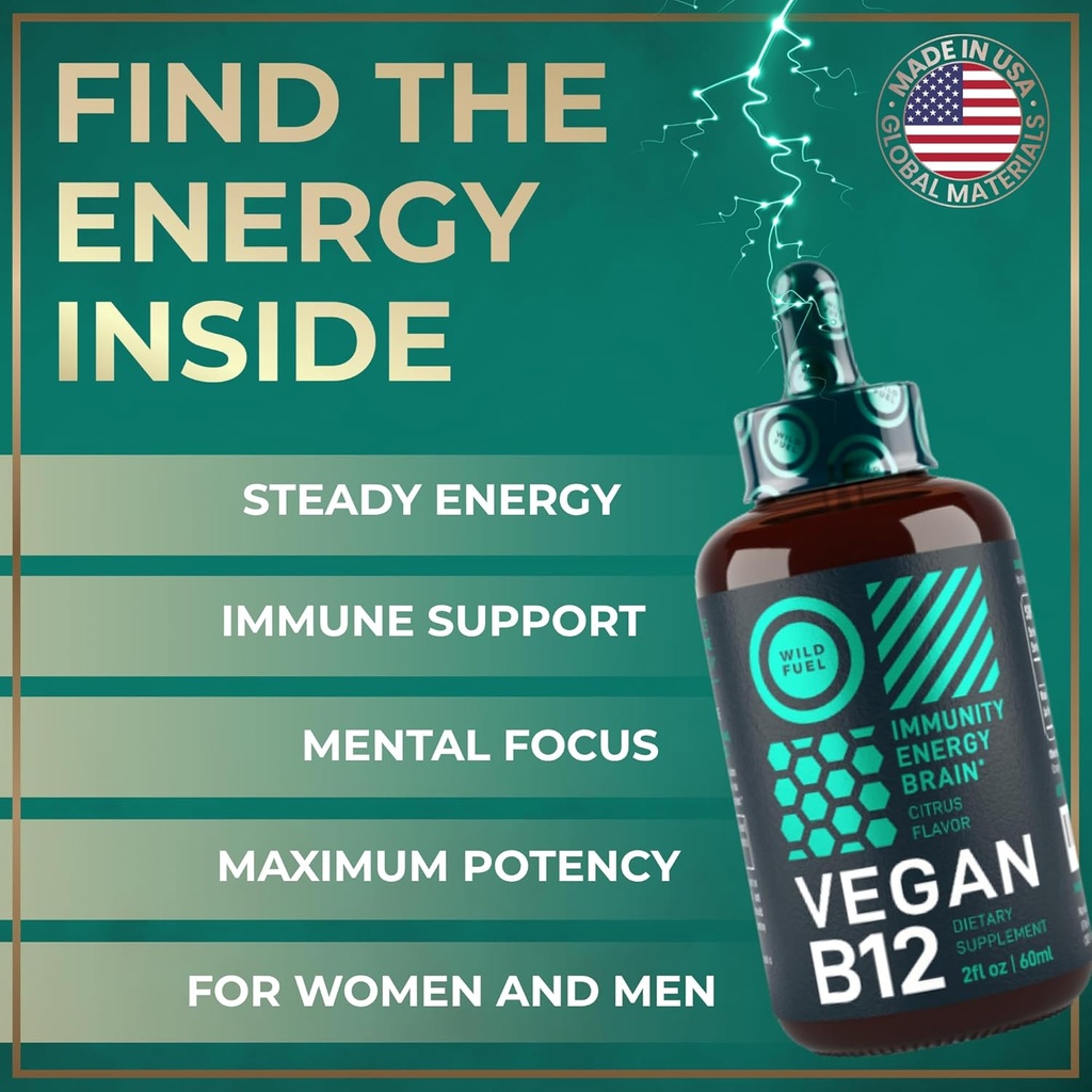 Vegan Vitamin B12 Liquid Drops - Fast-Acting B12 Sublingual 5000 mcg Methylcobalamin Supplement - Energy, Memory and Mood Support - High-Potency One-Dropper Per Day - Natural Citrus Flavor - 2oz 5