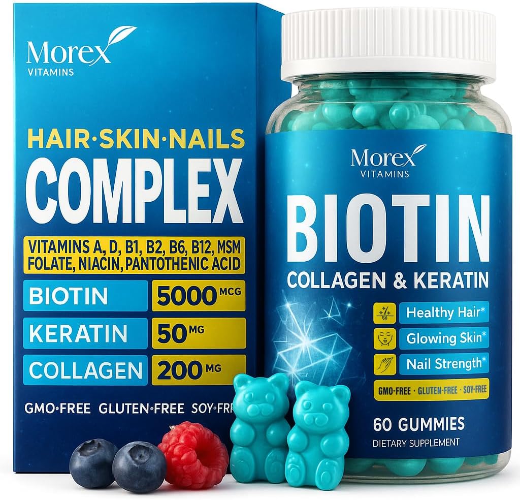 Biotin Collagen Keratin Gummies - Multivitamin Natural for Hair, Skin & Nails with Vitamin A, D, B7 - Anti Aging Collagen Gummy Vitamins for Men & Women, Hair & Nail Growth Supplement - 60 Gummy Bears 2