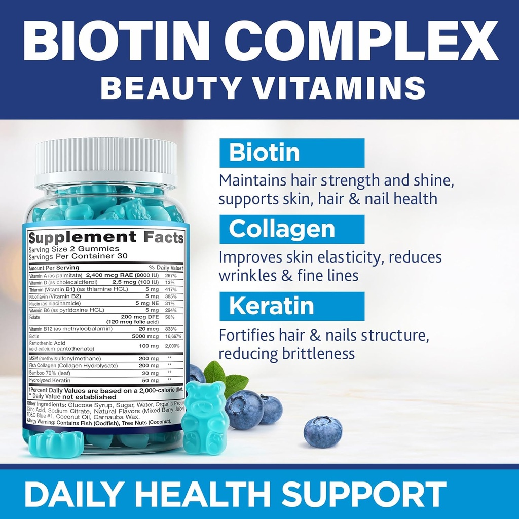 Biotin Collagen Keratin Gummies - Multivitamin Natural for Hair, Skin & Nails with Vitamin A, D, B7 - Anti Aging Collagen Gummy Vitamins for Men & Women, Hair & Nail Growth Supplement - 60 Gummy Bears 3