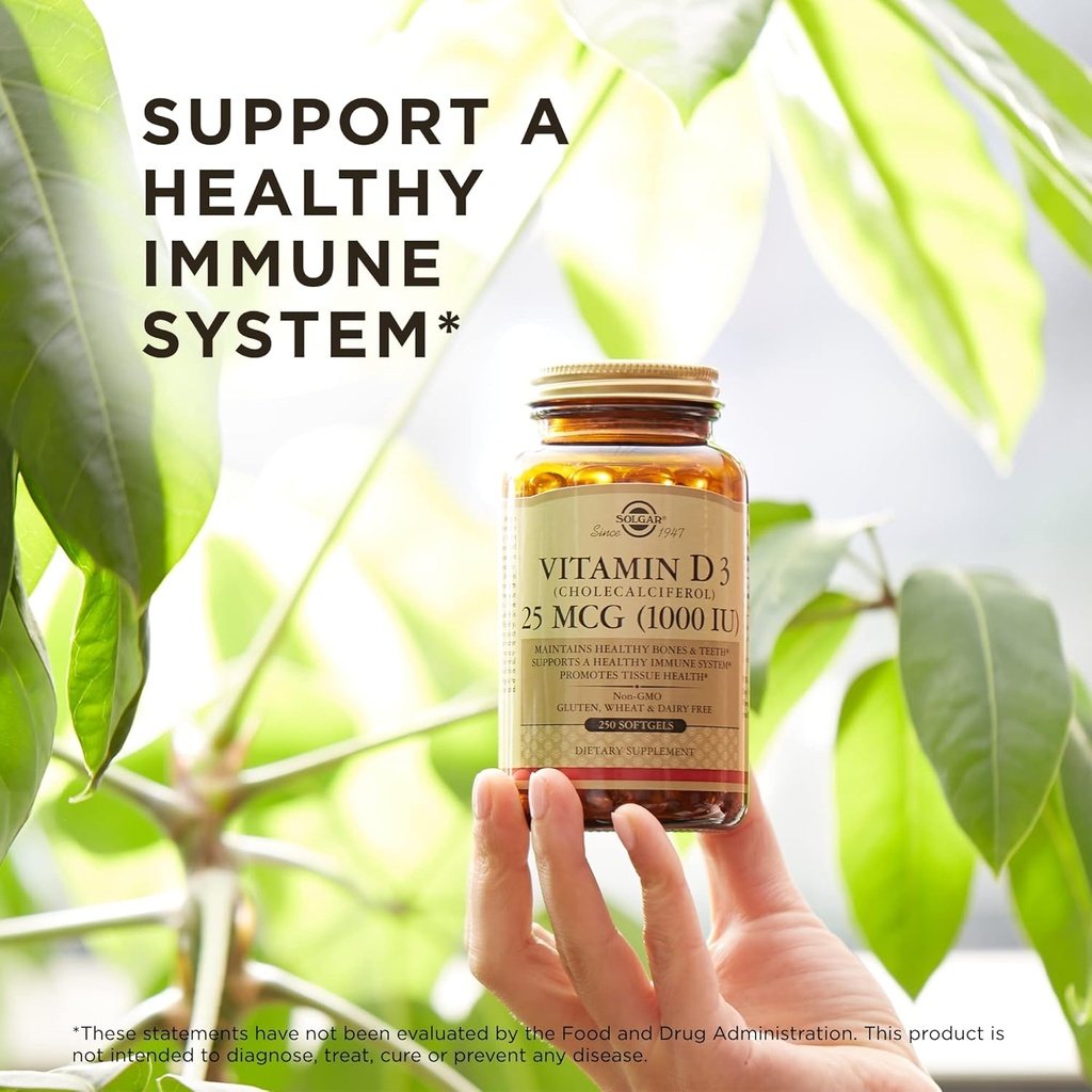Solgar Vitamin D3 (Cholecalciferol) 25 MCG (1000 IU), 250 Softgels - Helps Maintain Healthy Bones & Teeth - Immune System Support - Non-GMO, Gluten Free, Dairy Free - 250 Servings 6