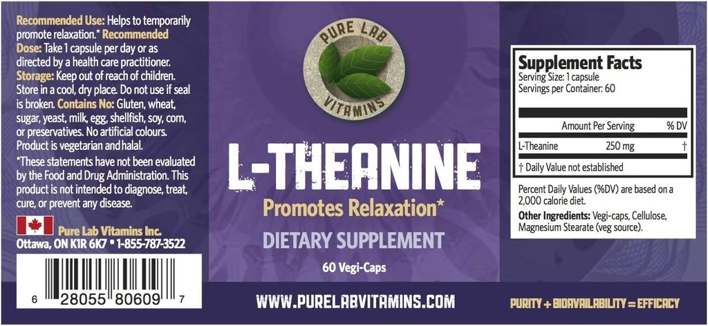 Pure Lab Vitamins L-Theanine 250mg - 60 Vegi-Caps Made in Canada 3