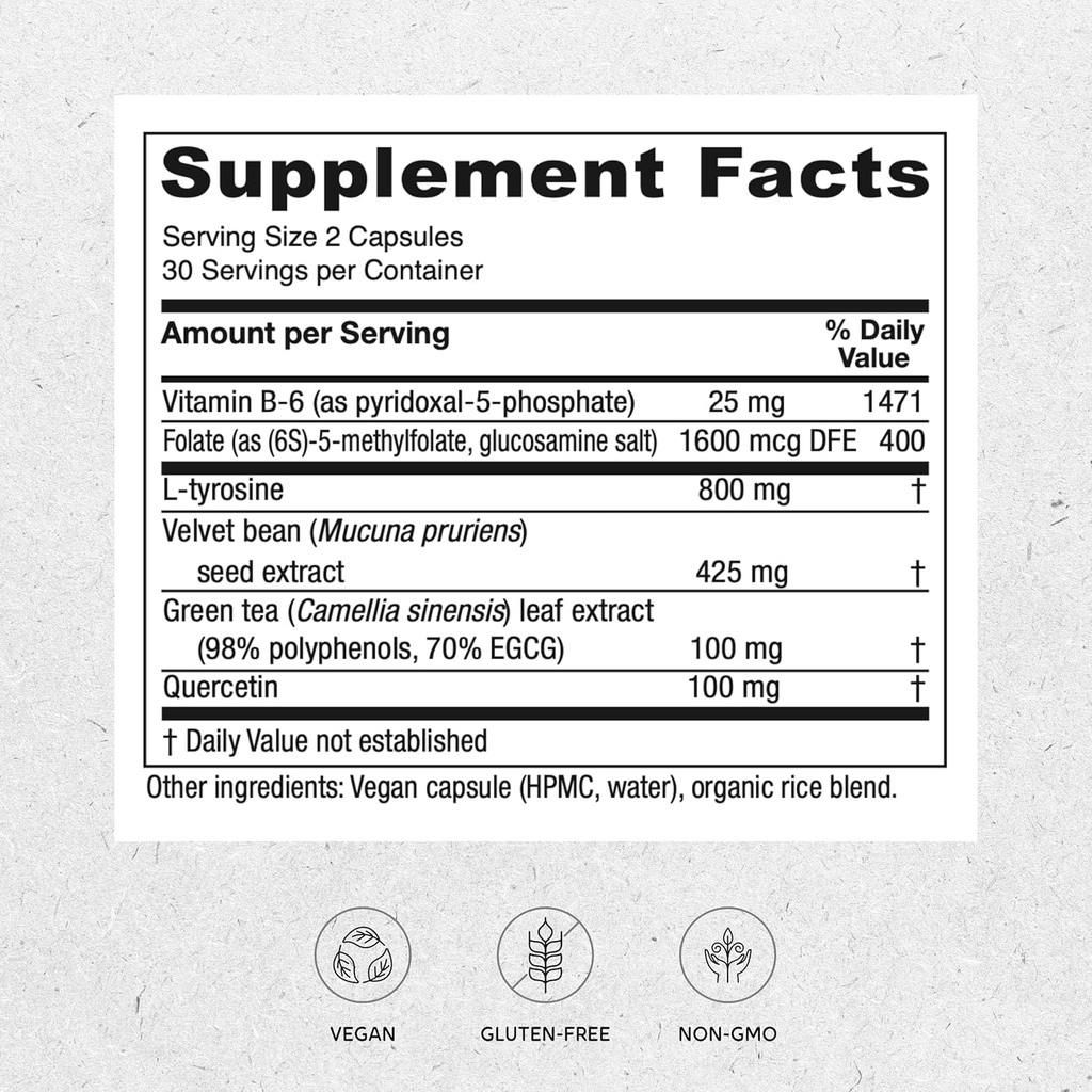 Vitanica Dopamine Assist, Dr Formulated Dopamine Supplement, L-Tyrosine, Mucuna Pruriens Neurotransmitter Mood Support, Vitamin B6, Folate, Green Tea Extract Quercetin Vegan, 60 Capsules 3