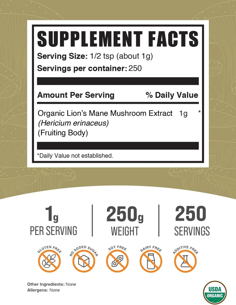 BulkSupplements.com Organic Lion's Mane Mushroom Extract Powder - Lions Mane Supplement Powder, Superfood for Well-Being - Vegan, 1g per Serving, 250g (8.8 oz) (Pack of 1) 3