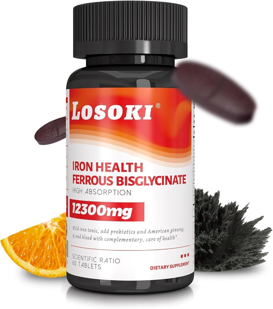 Losoki Iron Bisglycinate 20 mg with Vitamin C, B12 American Ginseng & Probiotics, Gentle on The Stomach， Supports Energy & Iron Deficiency - Non GMO, 60 Tablets 2